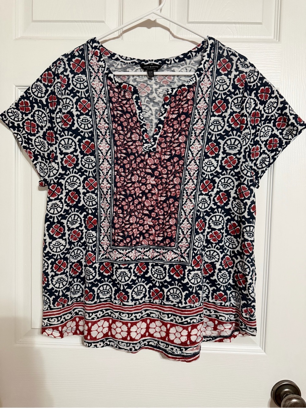 Lucky Brand Navy & Rust Patterned Short Sleeve Top